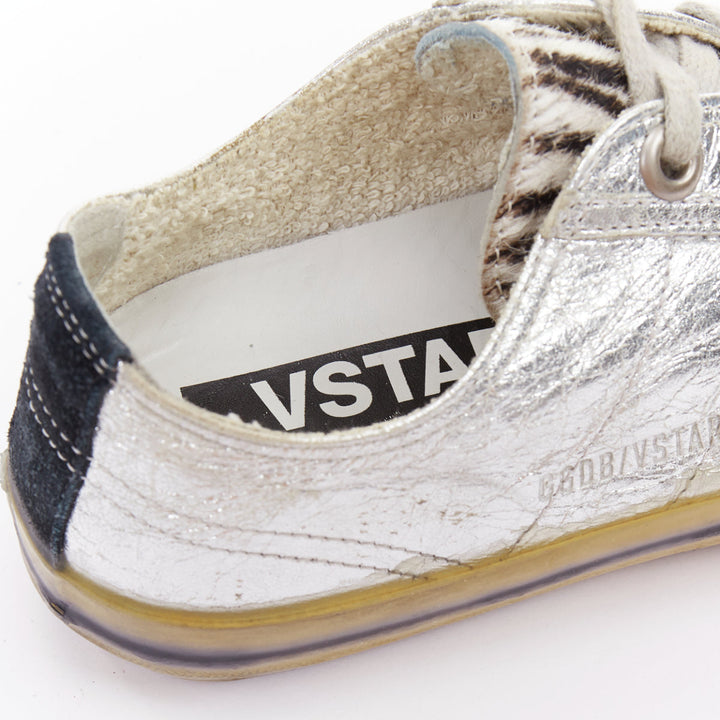 GOLDEN GOOSE May grey suede leopard calf hair silver lace distress sneakers EU37
