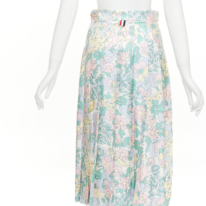 THOM BROWNE green pink yellow silk floral marine motif midi skirt IT36 XXS
