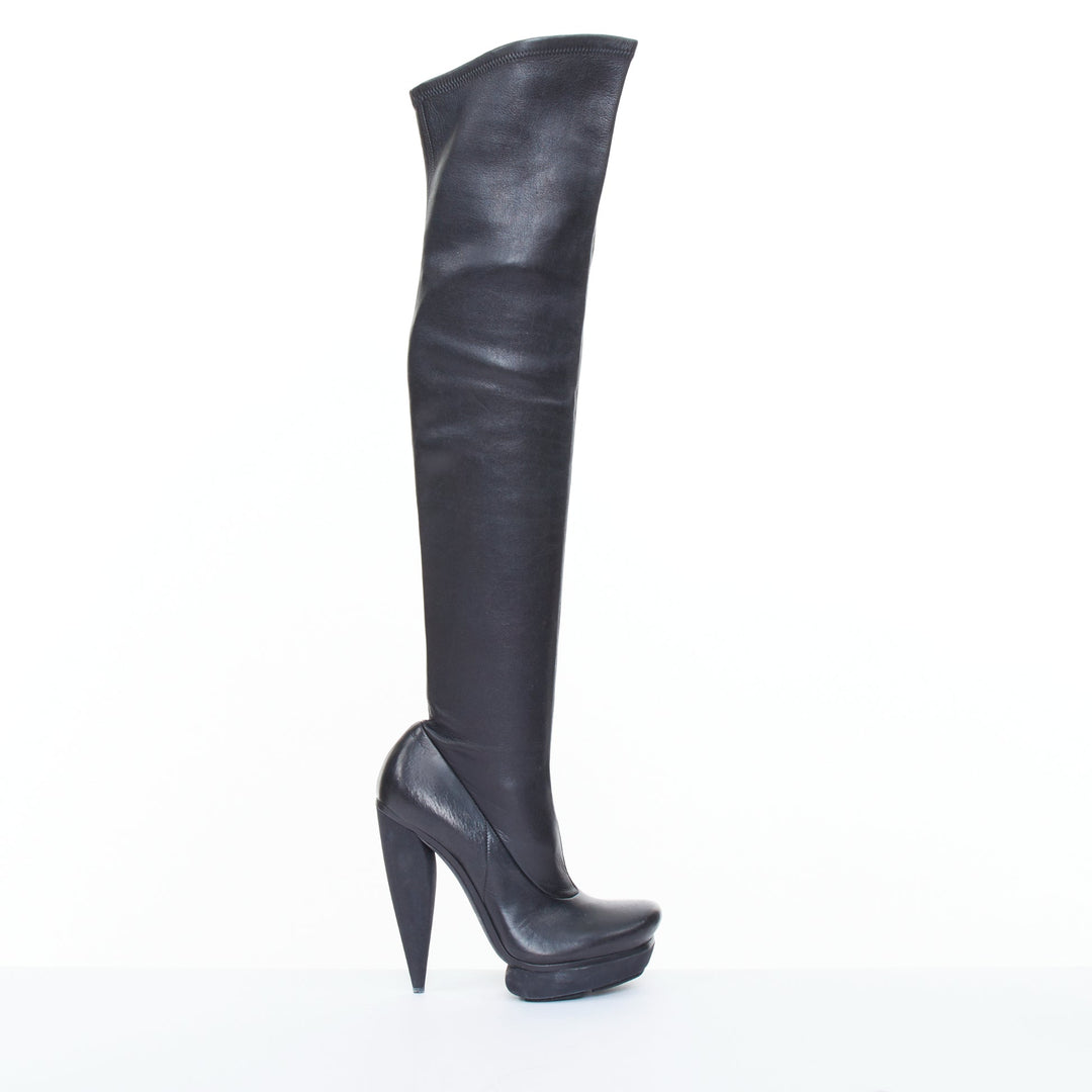 BALENCIAGA 2008 Runway smooth black leather horn cone heel platform boots EU37.5