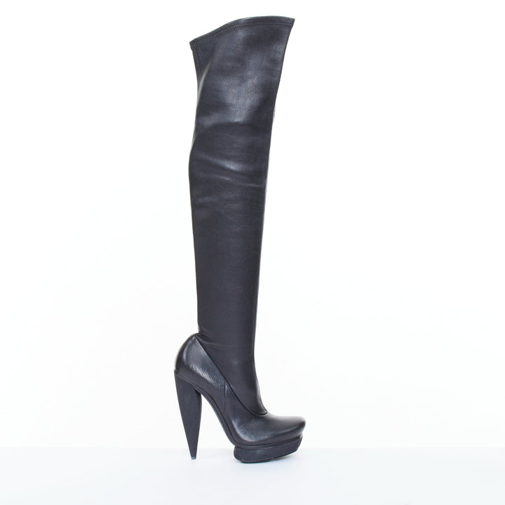 BALENCIAGA 2008 Runway smooth black leather horn cone heel platform boots EU37.5
