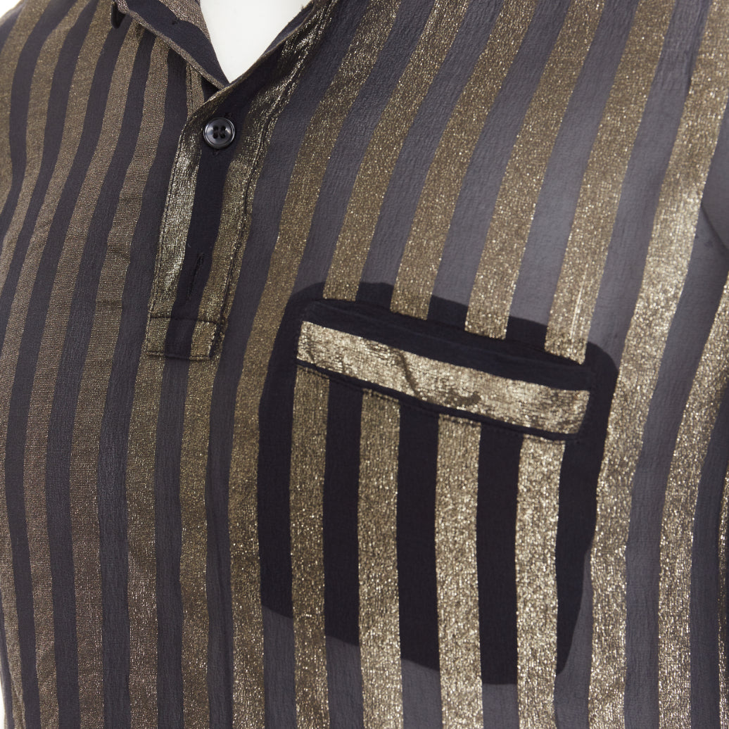 SAINT LAURENT 2019 Runway black gold metallic lurex striped sheer shirt EU38 S