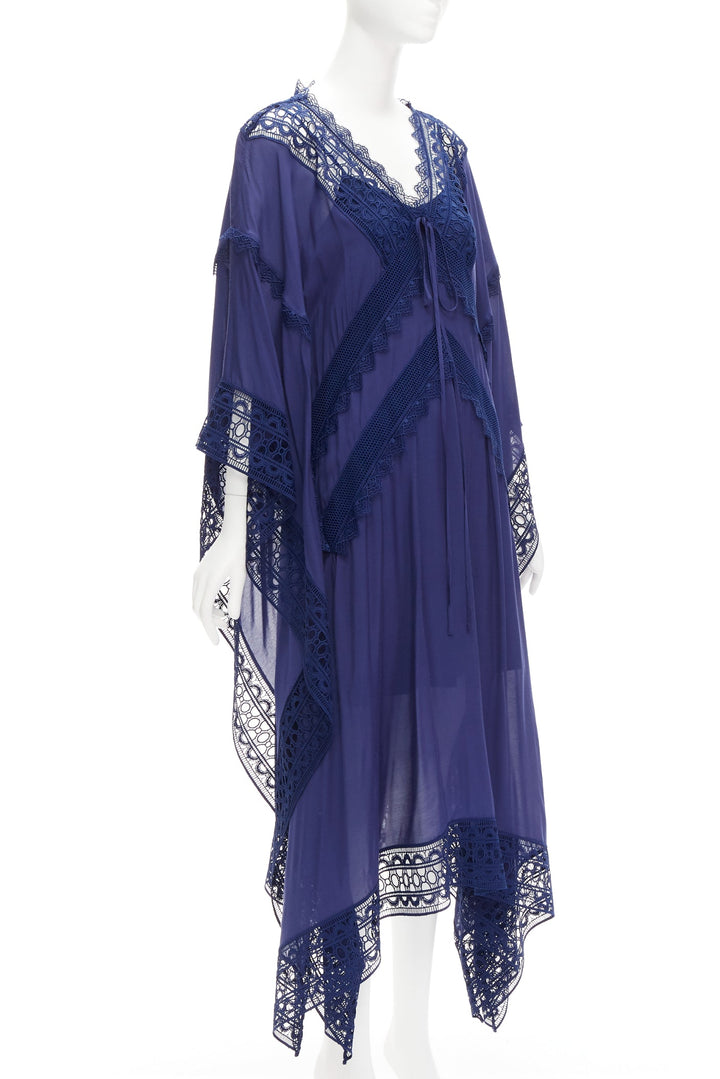 SELF PORTRAIT blue embroidery anglais tie front midi kaftan dress UK8 S