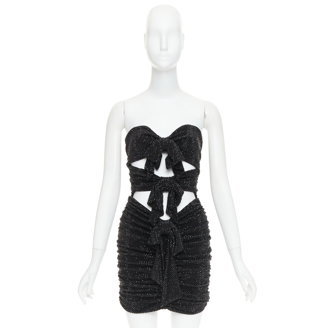 ALEXANDRE VAUTHIER black strass crystal bow tie cut out ruched mini dress