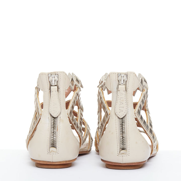 ALAIA silver square studded nude leather flat gladiator sandals EU36.5