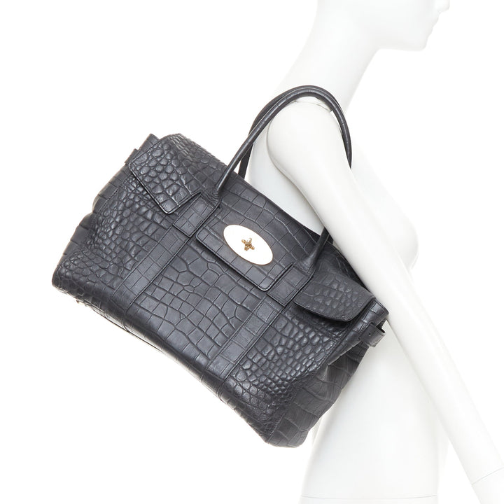 MULBERRY Bayswater black embossed croc leather print satchel tote bag