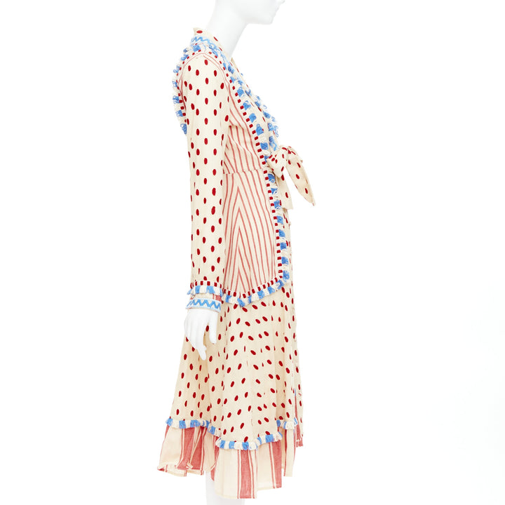 DODO BAR OR Padma beige red blue knotted embroidery cotton boho dress US0 XS