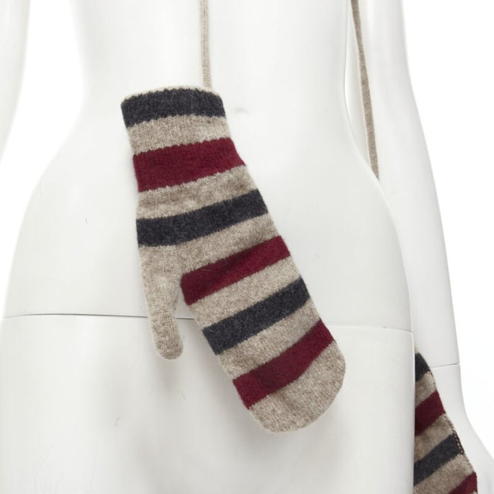 BURBERRY 100% lambs wool red black beige striped mitten glove on string