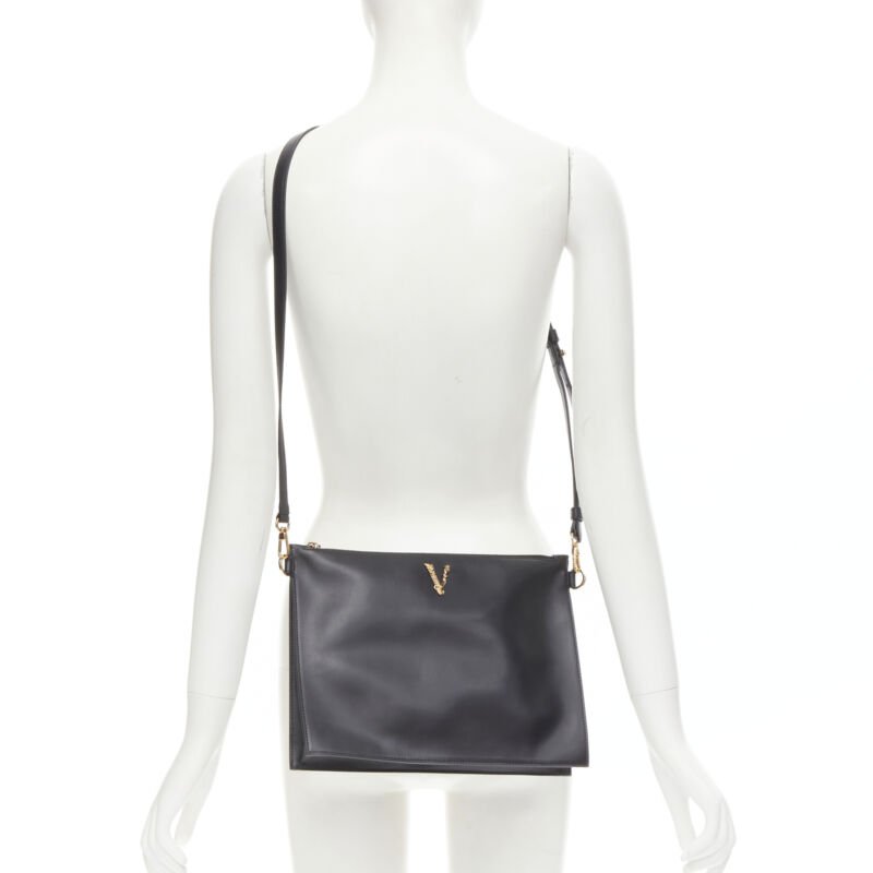 VERSACE gold Virtus Barocco V black leather zip clutch crossbody bag