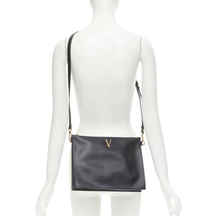 VERSACE gold Virtus Barocco V black leather zip clutch crossbody bag