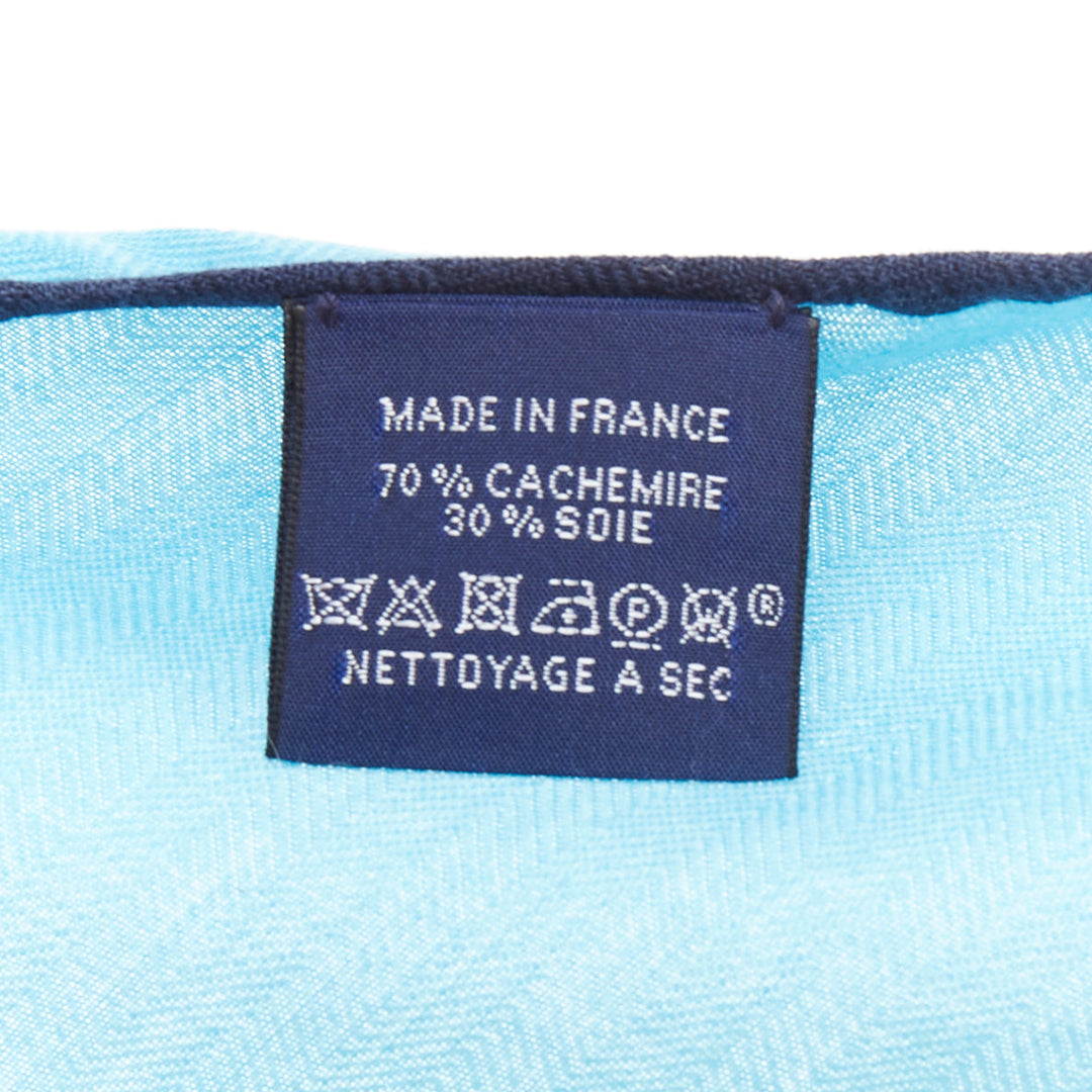 HERMES Losange sky blue cashmere silk navy edge logo print scarf