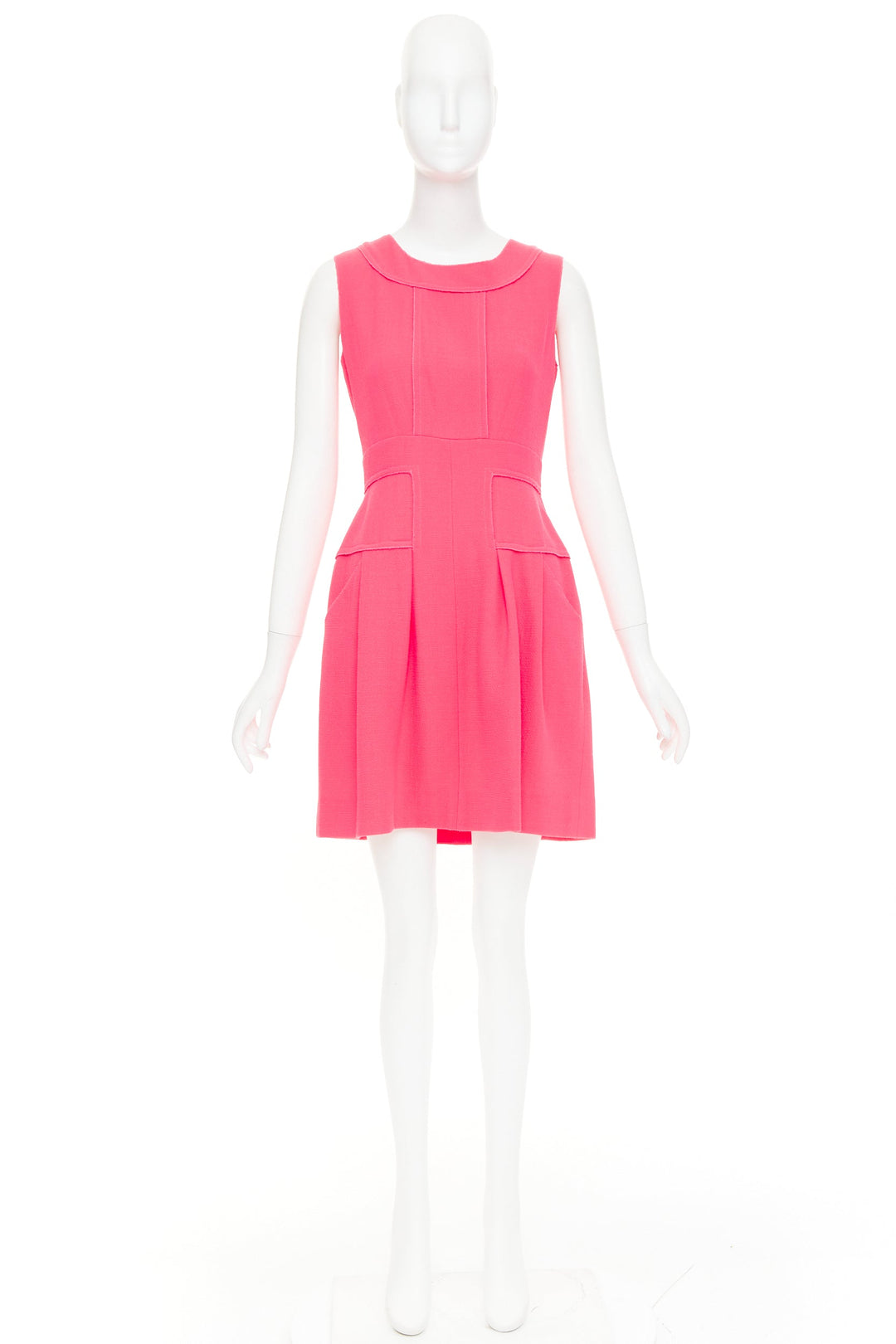 OSCAR DE LA RENTA F10 pink wool panelled round neck pleated A-line dress US2 S