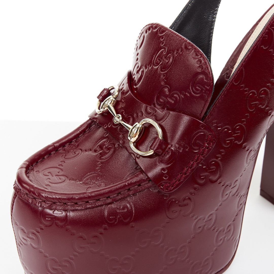 GUCCI 2024 Runway Ottavia burgundy GG embossed leather chunky platform heel EU38