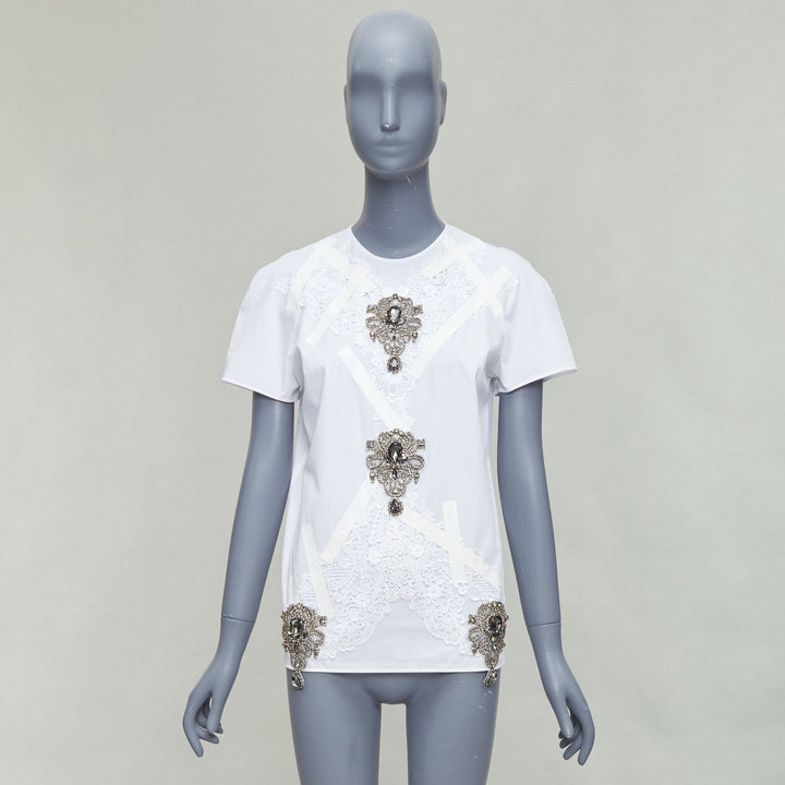 CHRISTOPHER KANE 2013 Vintage white silver jewel lace tape embellished top