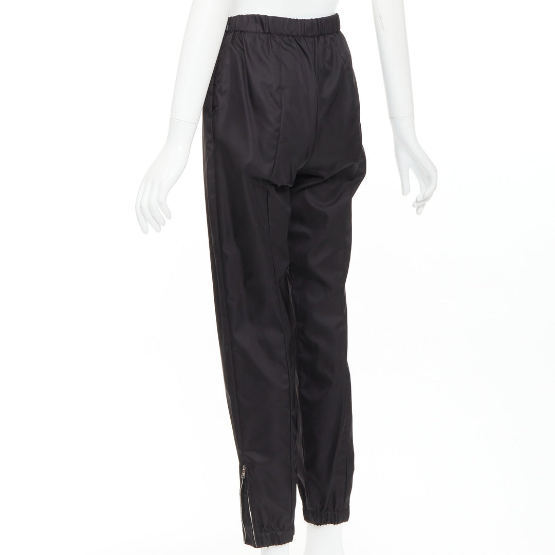 PRADA black silver logo leather plague nylon high waist tapered jogger pants