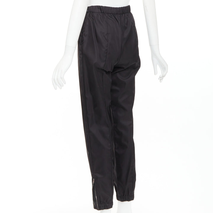 PRADA black silver logo leather plague nylon high waist tapered jogger pants
