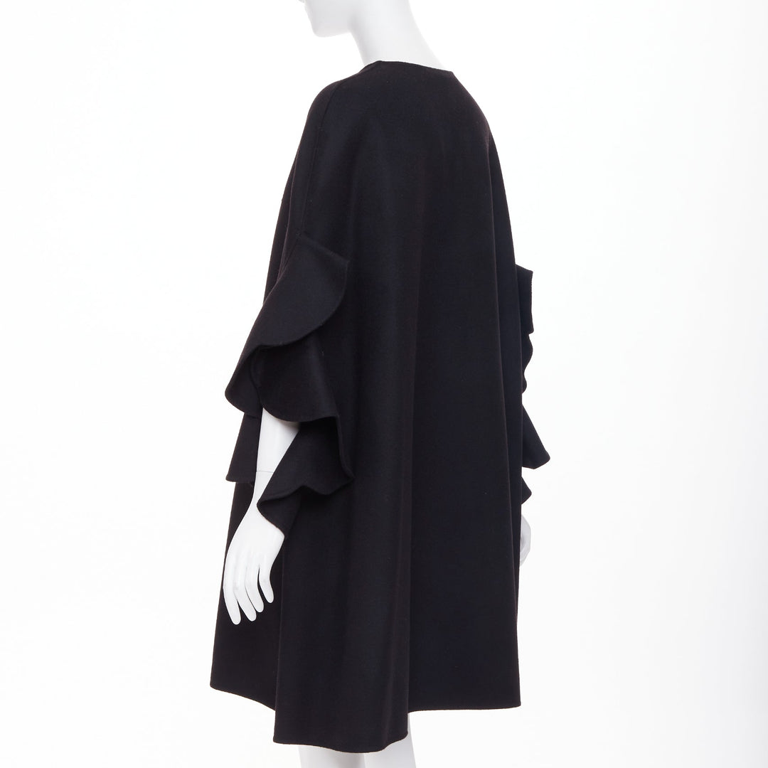 VALENTINO black virgin wool cashmere blend tiered ruffle sleeve overcoat IT46 XL