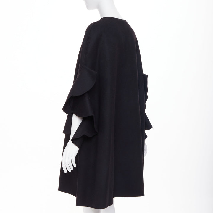 VALENTINO black virgin wool cashmere blend tiered ruffle sleeve overcoat IT46 XL