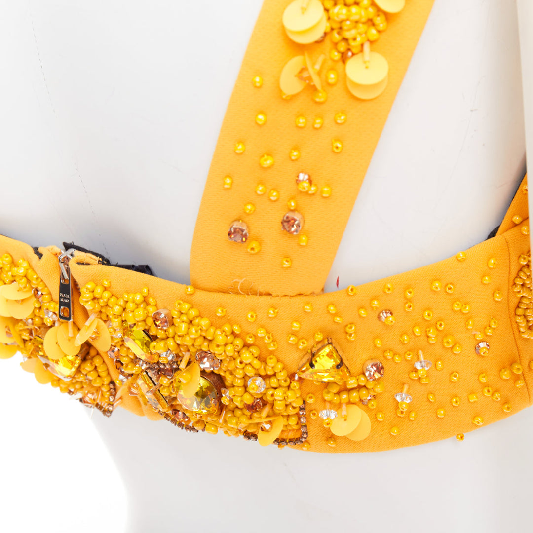 rare PRADA 2014 Runway yellow wool crystal jewel encrusted bustier top IT38 XS