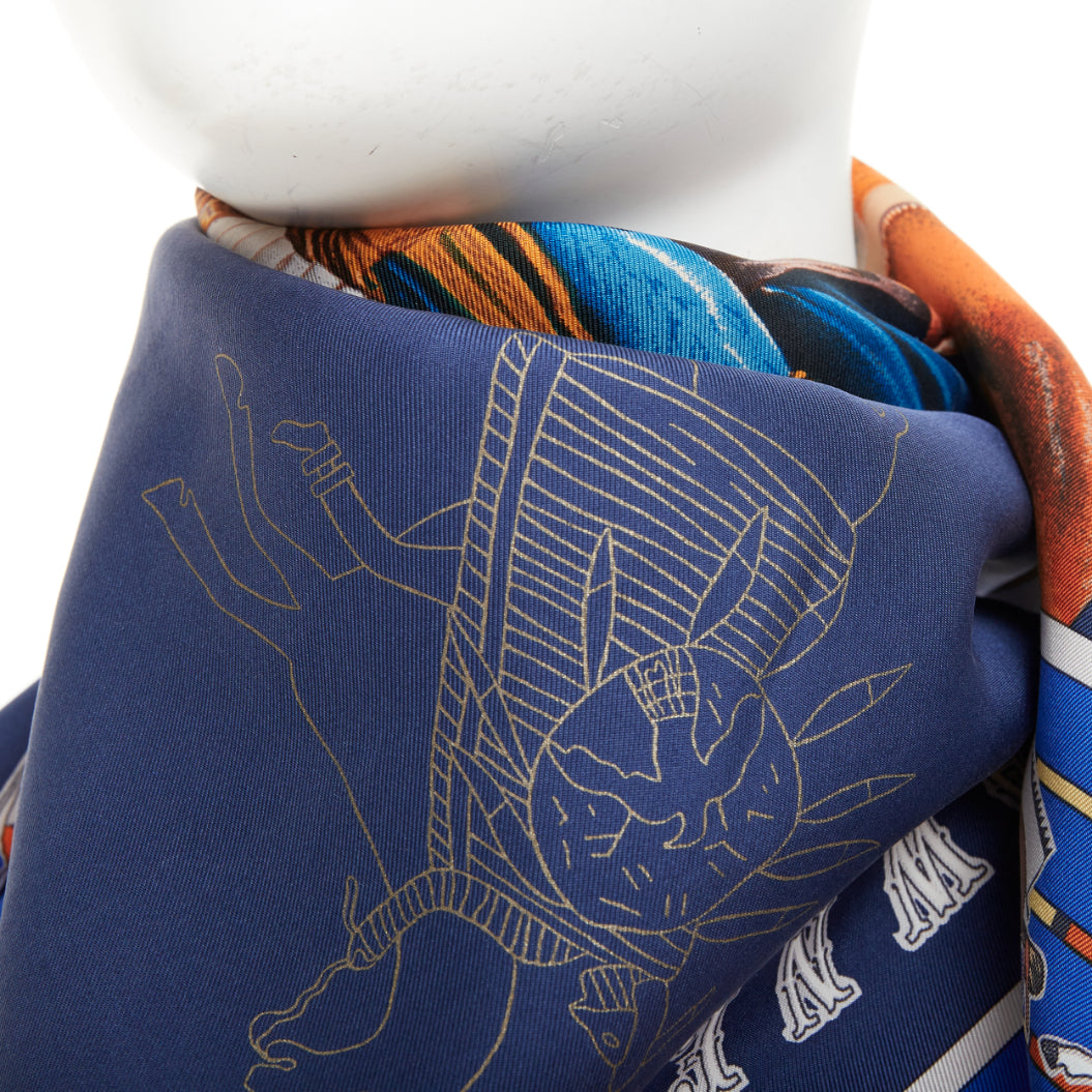 HERMES Pani La Shar Pawnee 90 Silk Twill orange royal blue square scarf