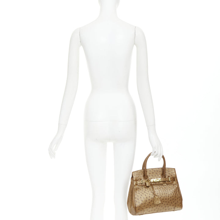 KWANPEN brown ostrich leather gold hardware top handle structured executive bag