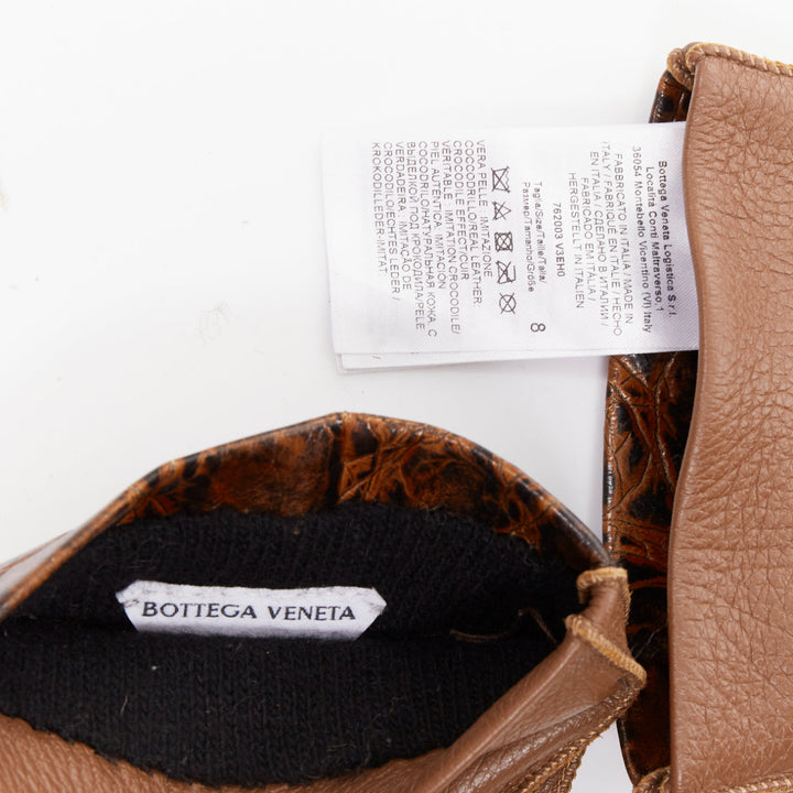 rare BOTTEGA VENETA brown croc-embossed buff calfskin cashmere lined gloves Sz.8