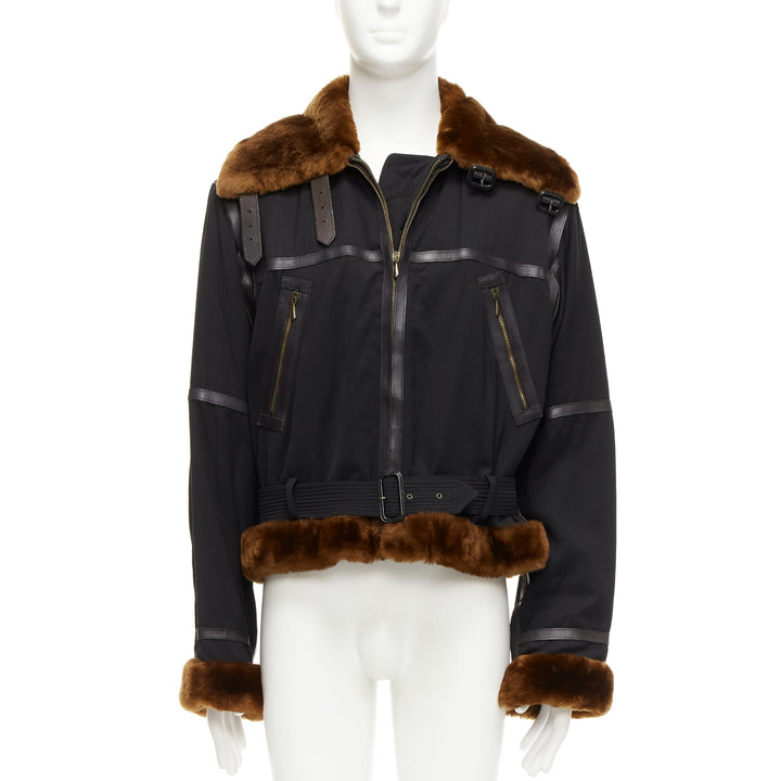 rare JEAN PAUL GAULTIER HOMME black brown faux fur aviator flight jacket IT50 L