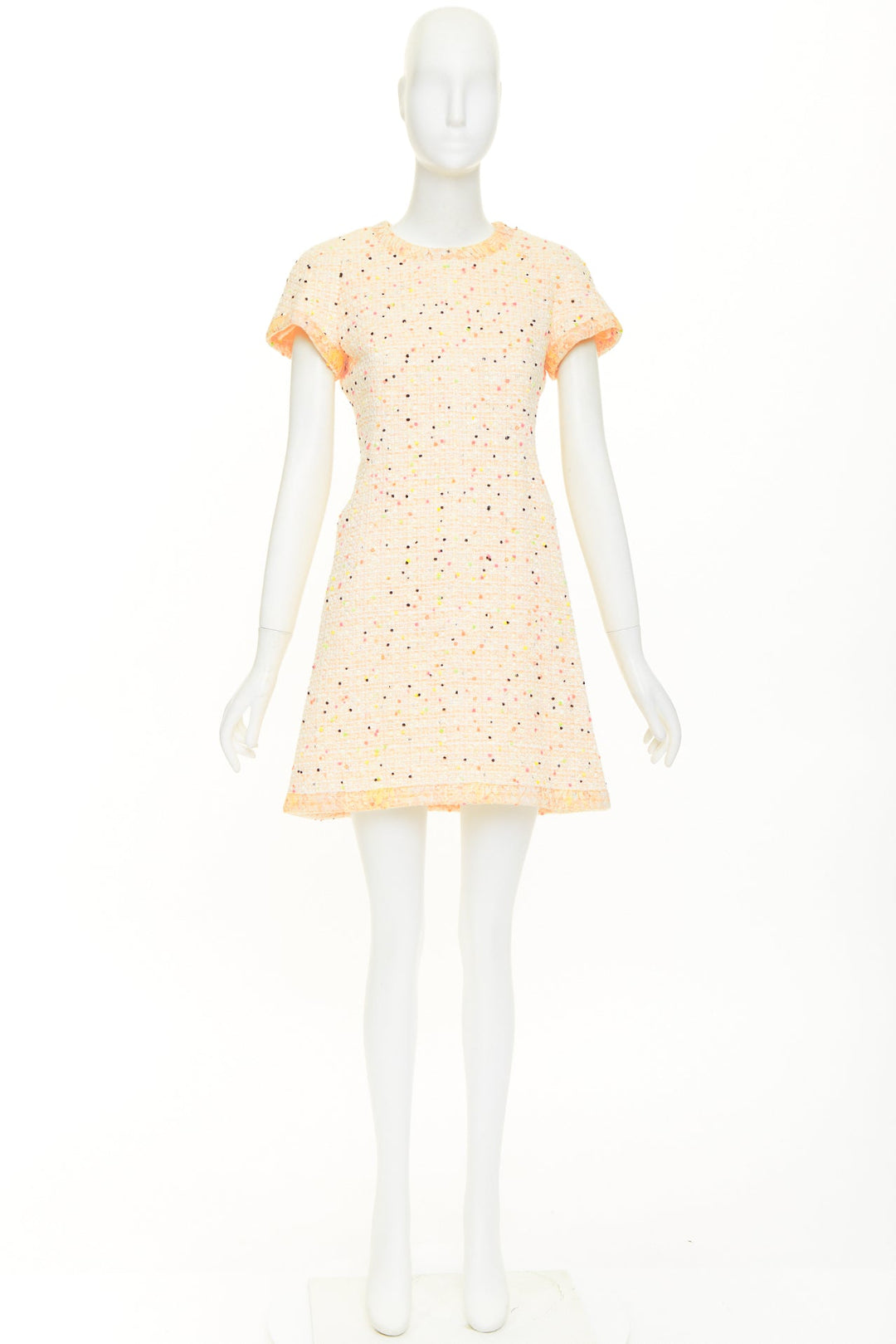 CHANEL 2019 Runway pastel peach multi color speckle tweed lace dress FR36 XS