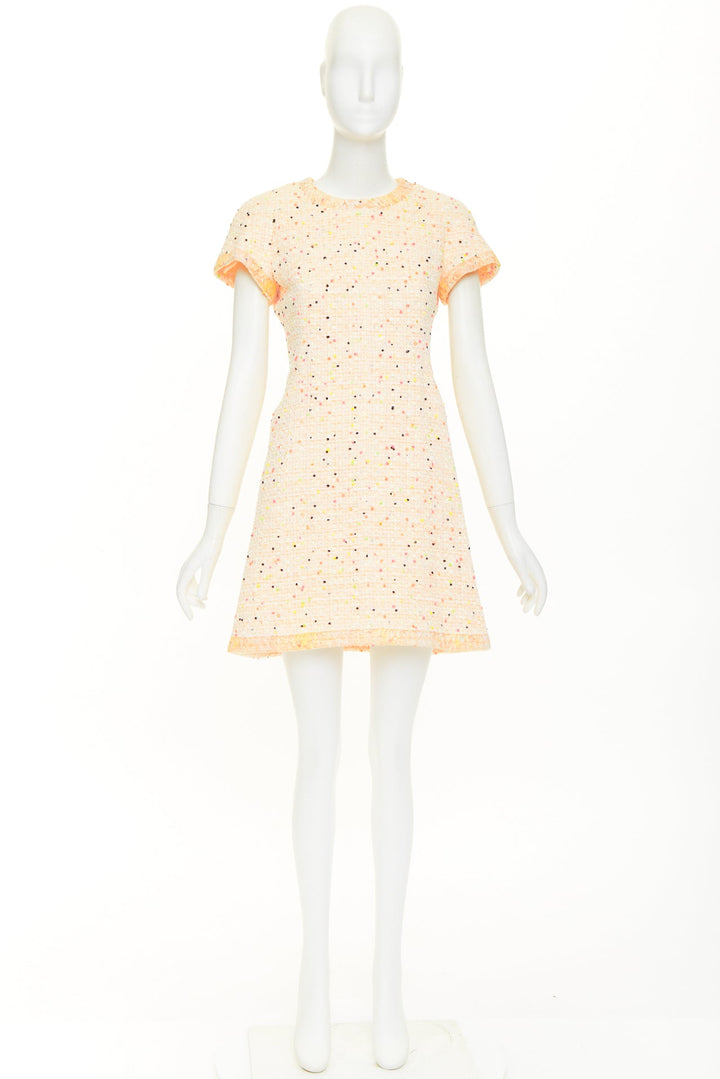 CHANEL 2019 Runway pastel peach multi color speckle tweed lace dress FR36 XS