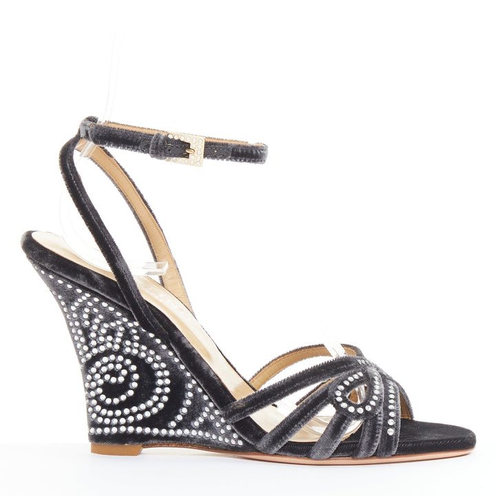 VALENTINO GARAVANI Vintage dark grey crushed velvet crystal wedge sandals EU36