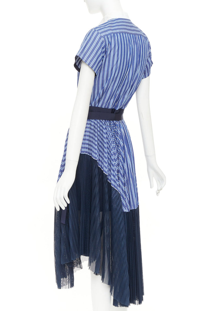 SACAI 2018 blue white navy striped bib front pleated mesh hem hybrid dress JP1 S