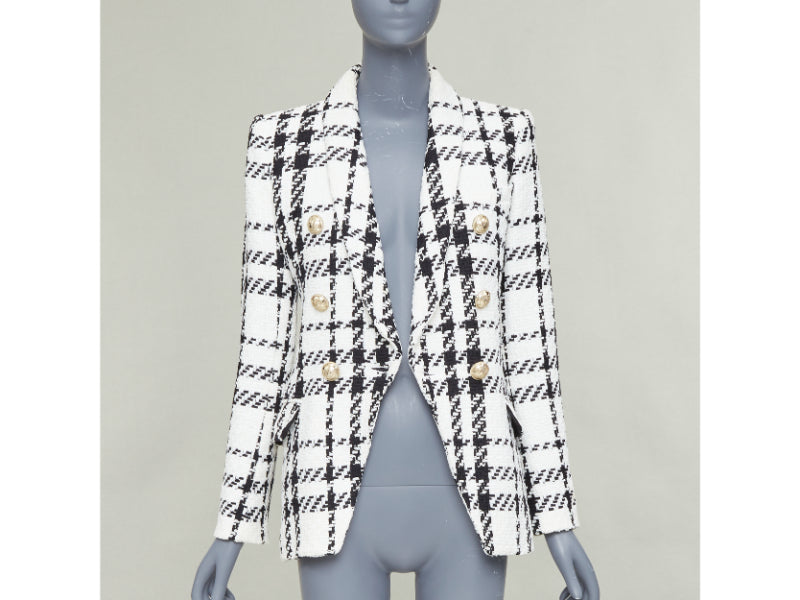 BALMAIN checked black white cotton tweed double breasted blazer jacket FR36 S
