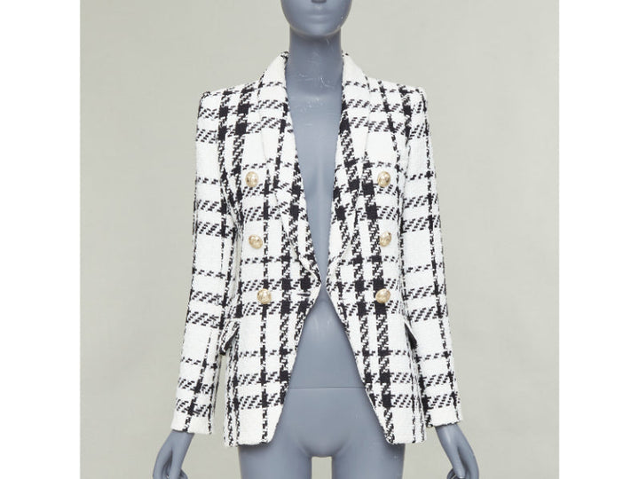 BALMAIN checked black white cotton tweed double breasted blazer jacket FR36 S