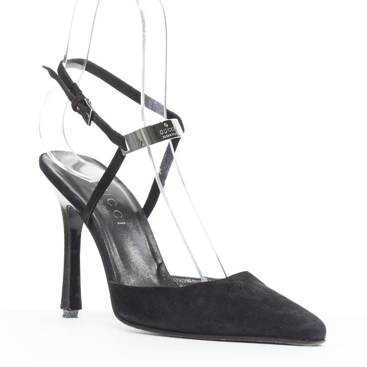 GUCCI Tom Ford Vintage black suede metal ID plate slingback pump EU36