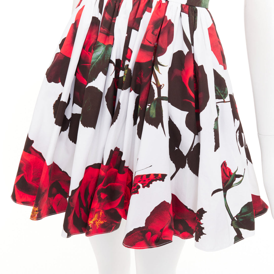 ALEXANDER MCQUEEN 2024 Tudor Rose print cotton poplin skater mini dress IT38 XS