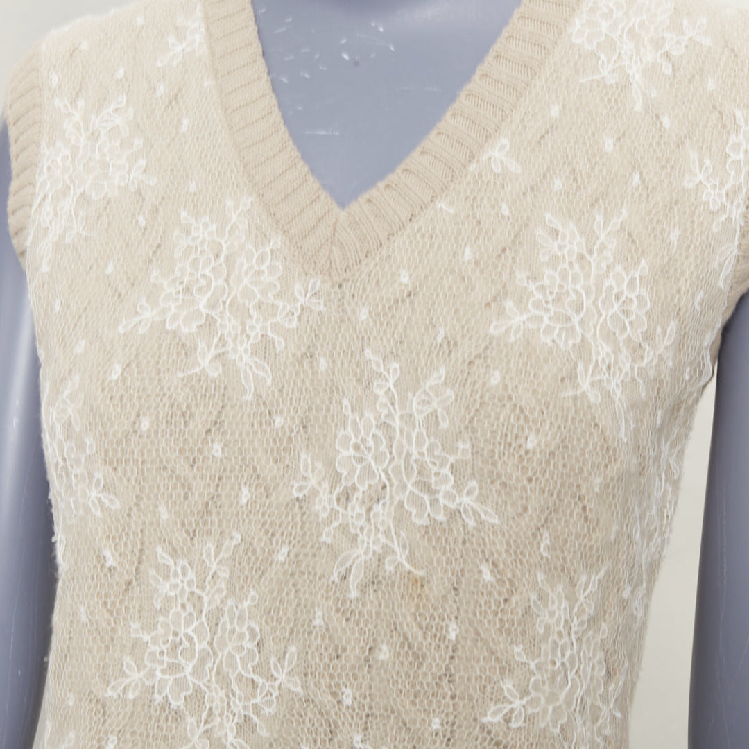 LOUIS VUITTON beige wool cream lace overlay V neck sleeveless knit dress S