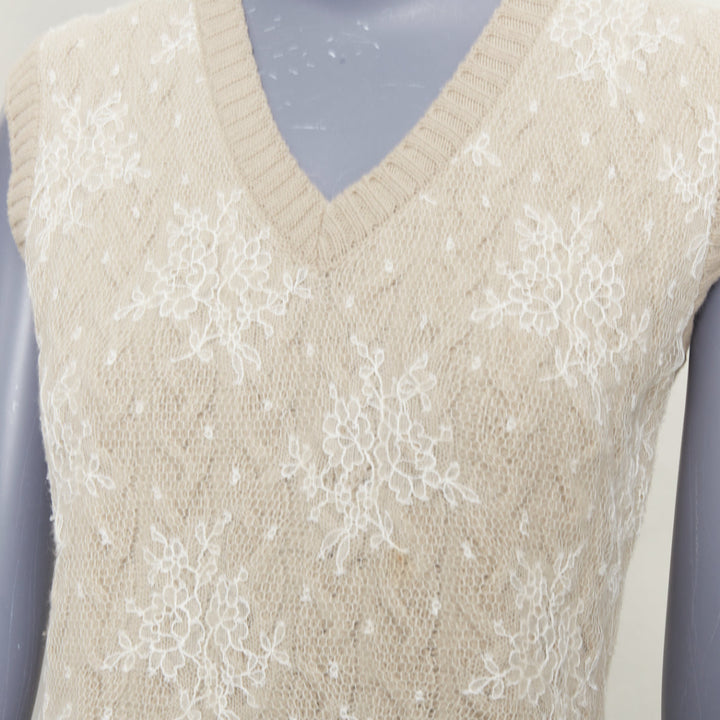 LOUIS VUITTON beige wool cream lace overlay V neck sleeveless knit dress S