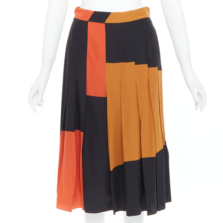 BOTTEGA VENETA 100% silk  black orange brown colorblock pleated skirt IT36 XXS