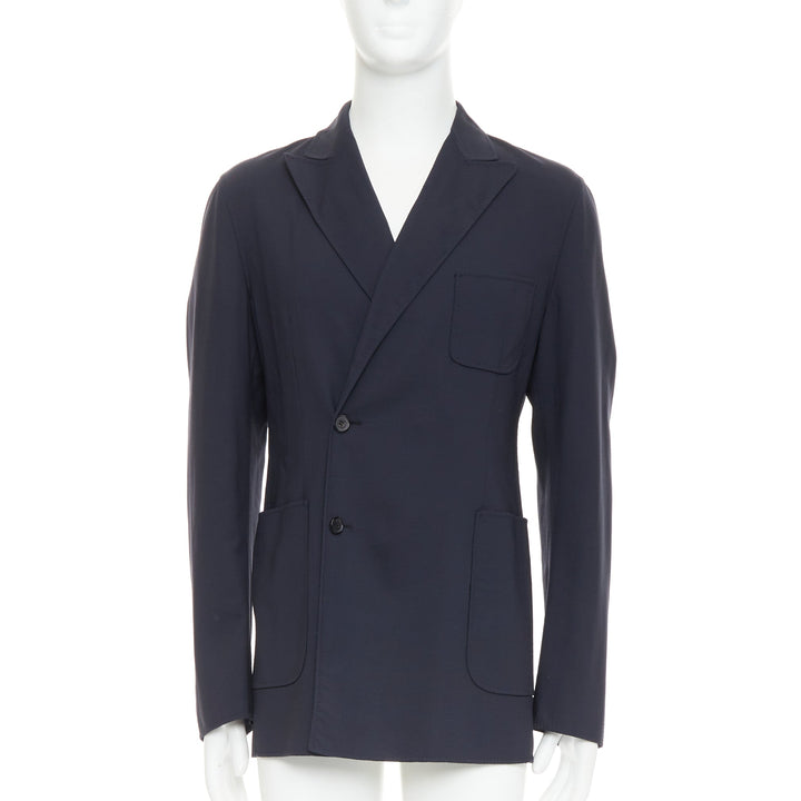 RAF SIMONS black virgin wool off centre buttons patch pocket long blazer IT48 M