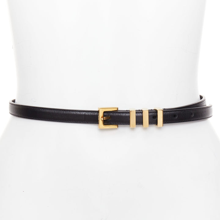SAINT LAURENT Trois Passants black leather gold 3 loop buckle skinny belt