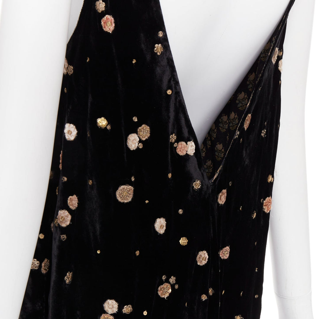 SABYASACHI black velvet gold floral applique sequins drape V neck dress S