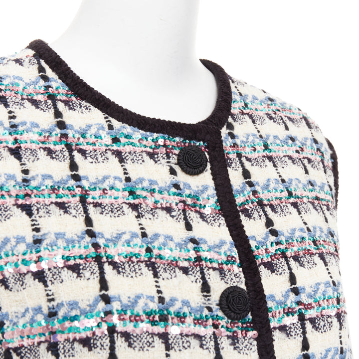 VALENTINO 2024 Mossi cream blue rose multicolour sequin tweed gilet vest  IT42 M