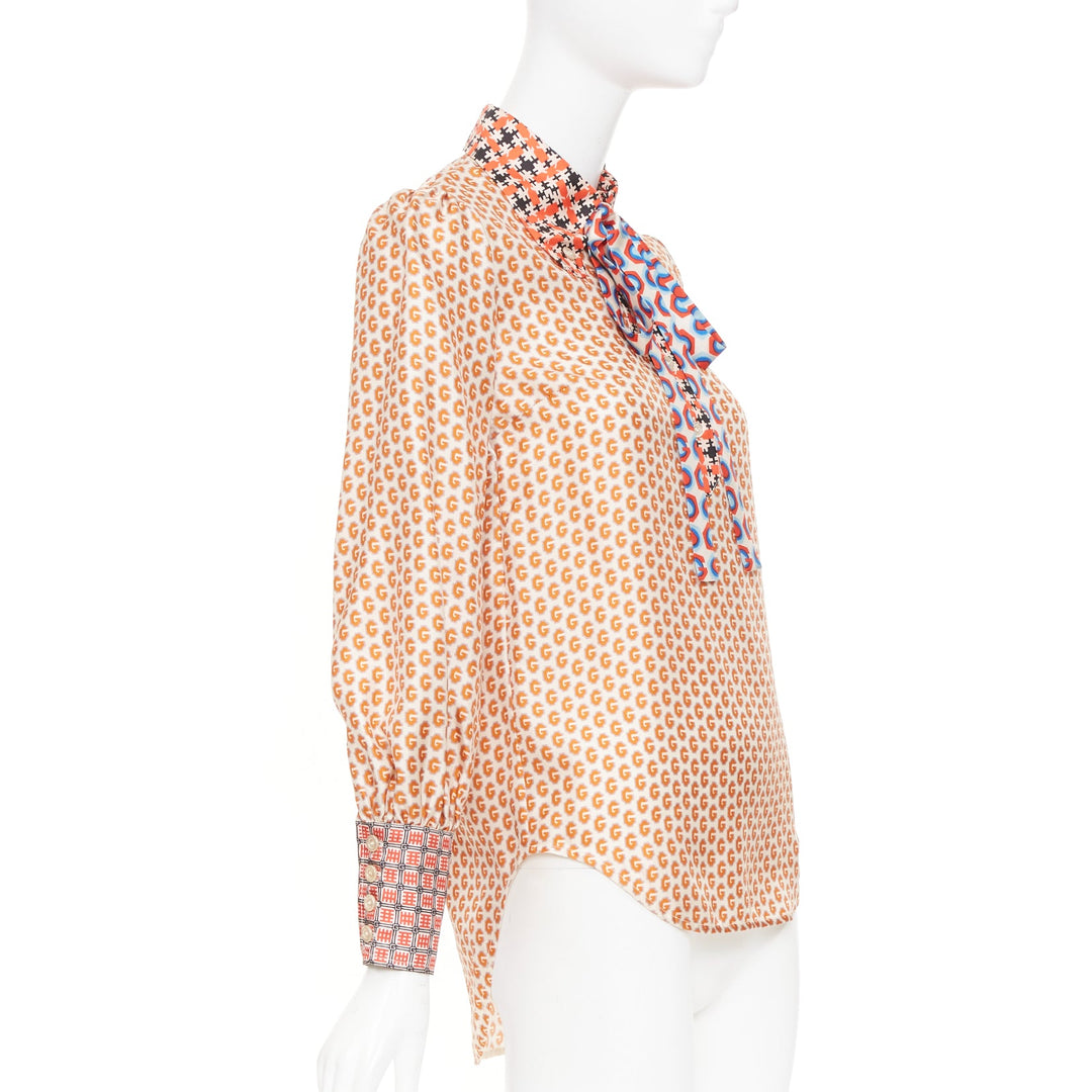 GUCCI Romain GG mixed print geometric pussy bow silk twill shirt blouse IT36 XXS