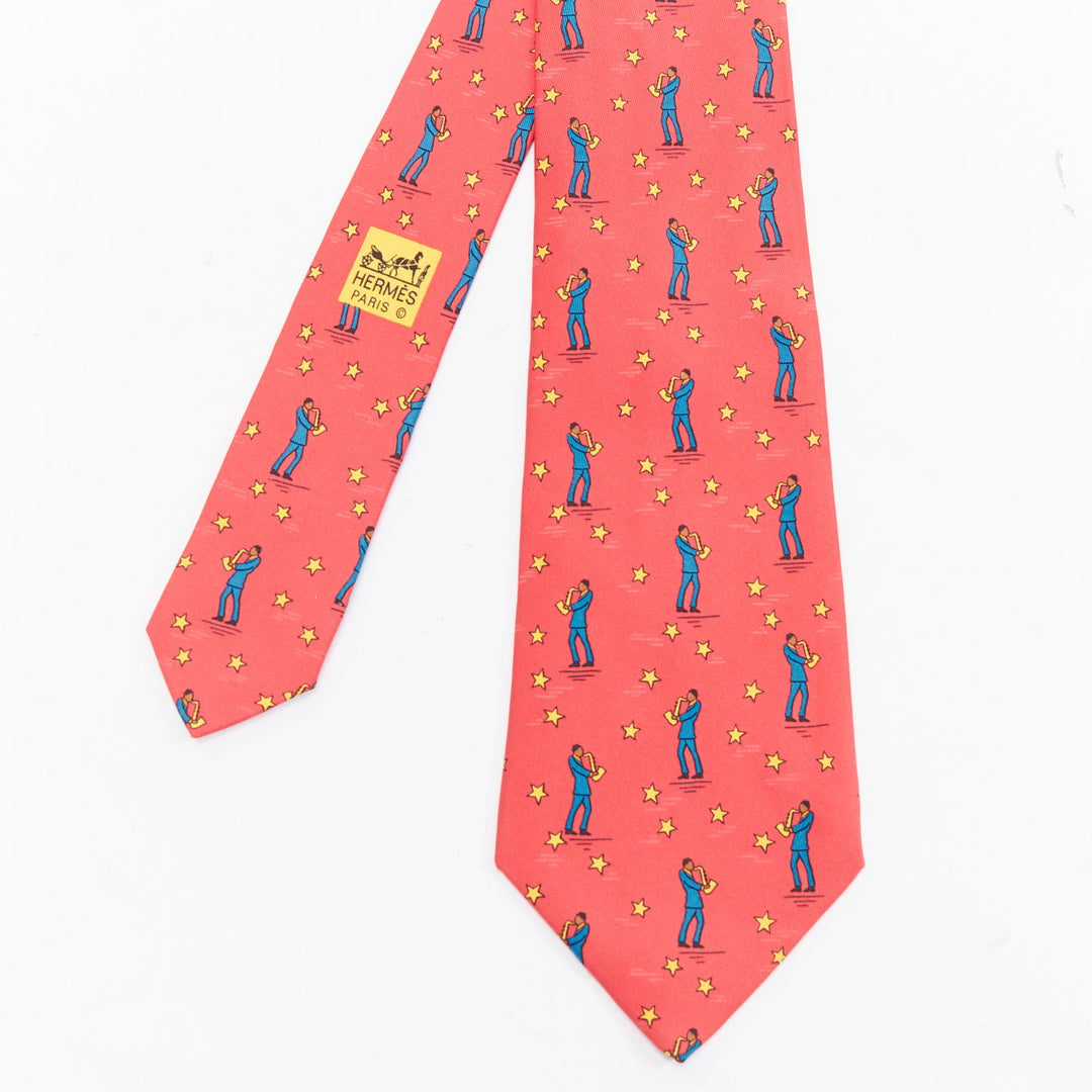 HERMES 7551 SA red yellow blue saxophone player star print silk tie