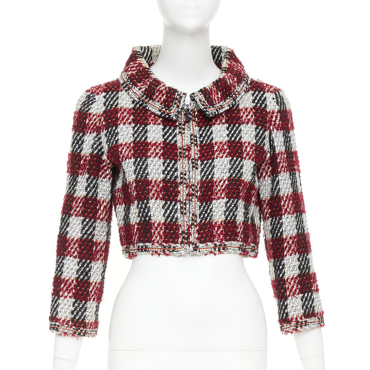CHANEL 16A Runway burgundy checked tweed cropped zip-up jacket FR40 M