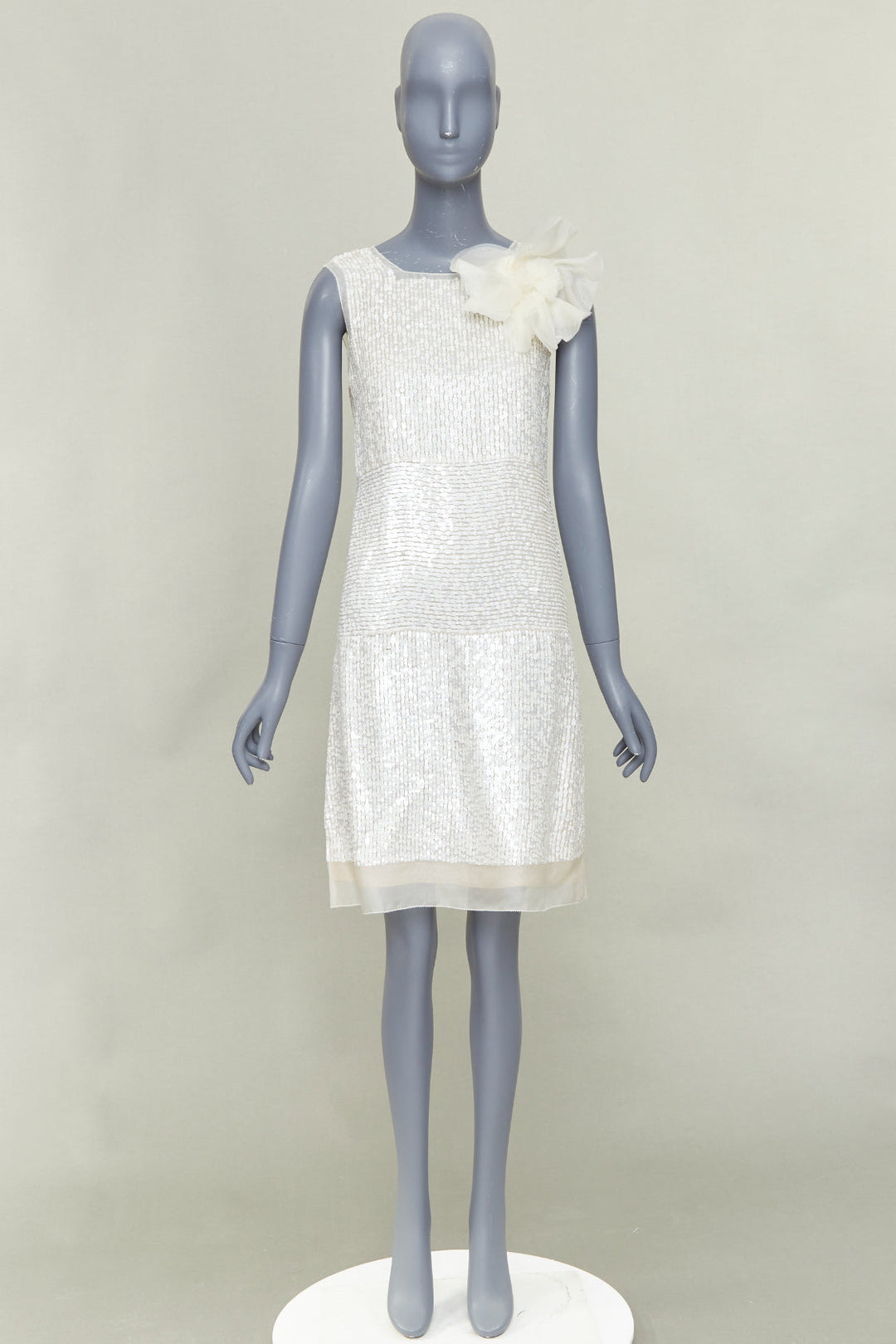 VERA WANG Bridal cream silk organza sequin floral brooch shift dress US4 M