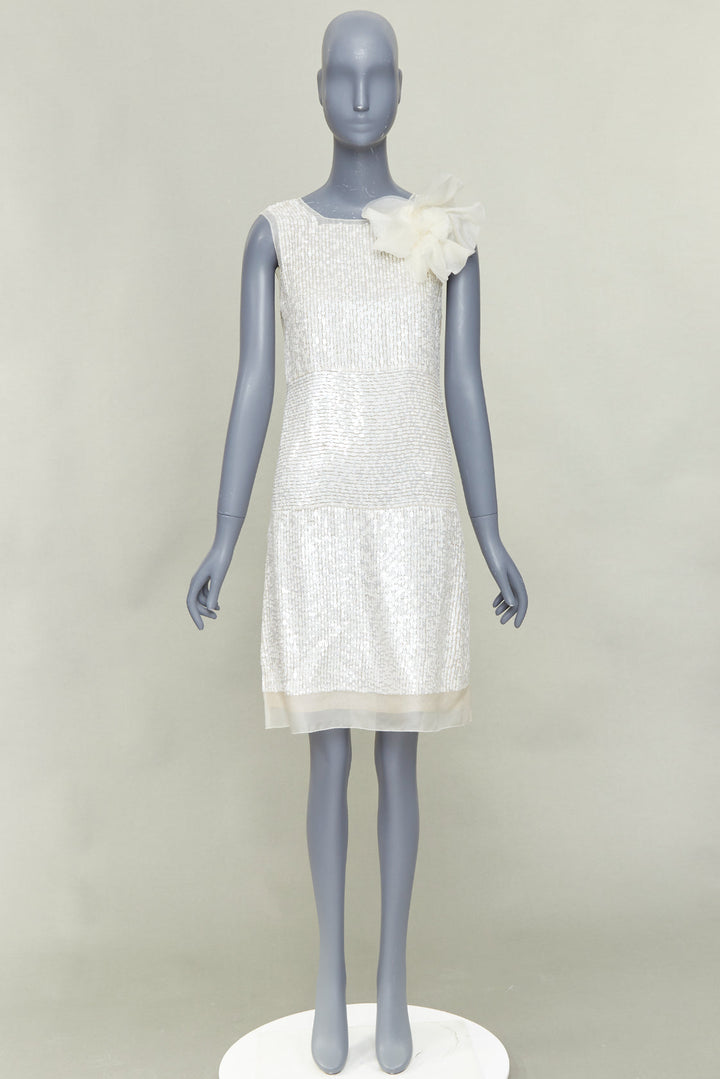 VERA WANG Bridal cream silk organza sequin floral brooch shift dress US4 M