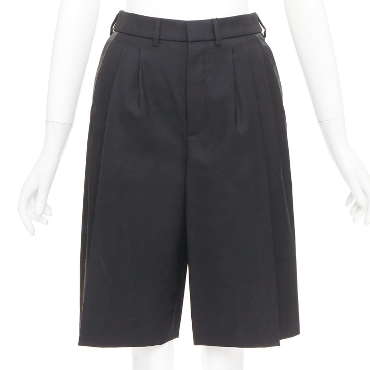 SAINT LAURENT 2012 black wool pleated high waist leather trim shorts FR36 S