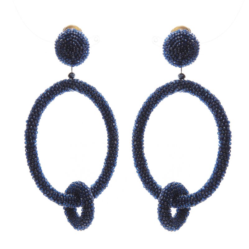 OSCAR DE LA RENTA black fully beaded double hoop drop clip on earrings
