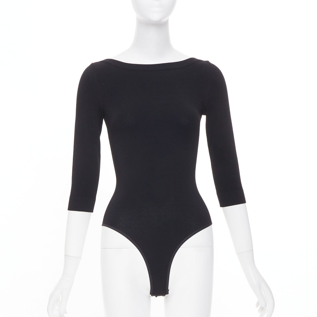 ALAIA black viscose blend three quarter sleeve boatneck knit bodysuit top FR36 S