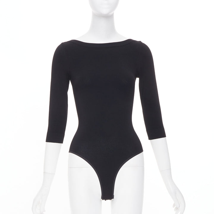 ALAIA black viscose blend three quarter sleeve boatneck knit bodysuit top FR36 S